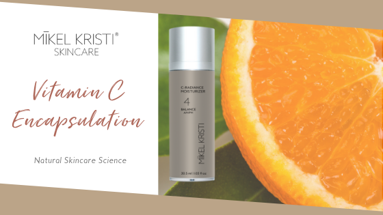 Vitamin C Encapsulation in skincare. orange fruit in background