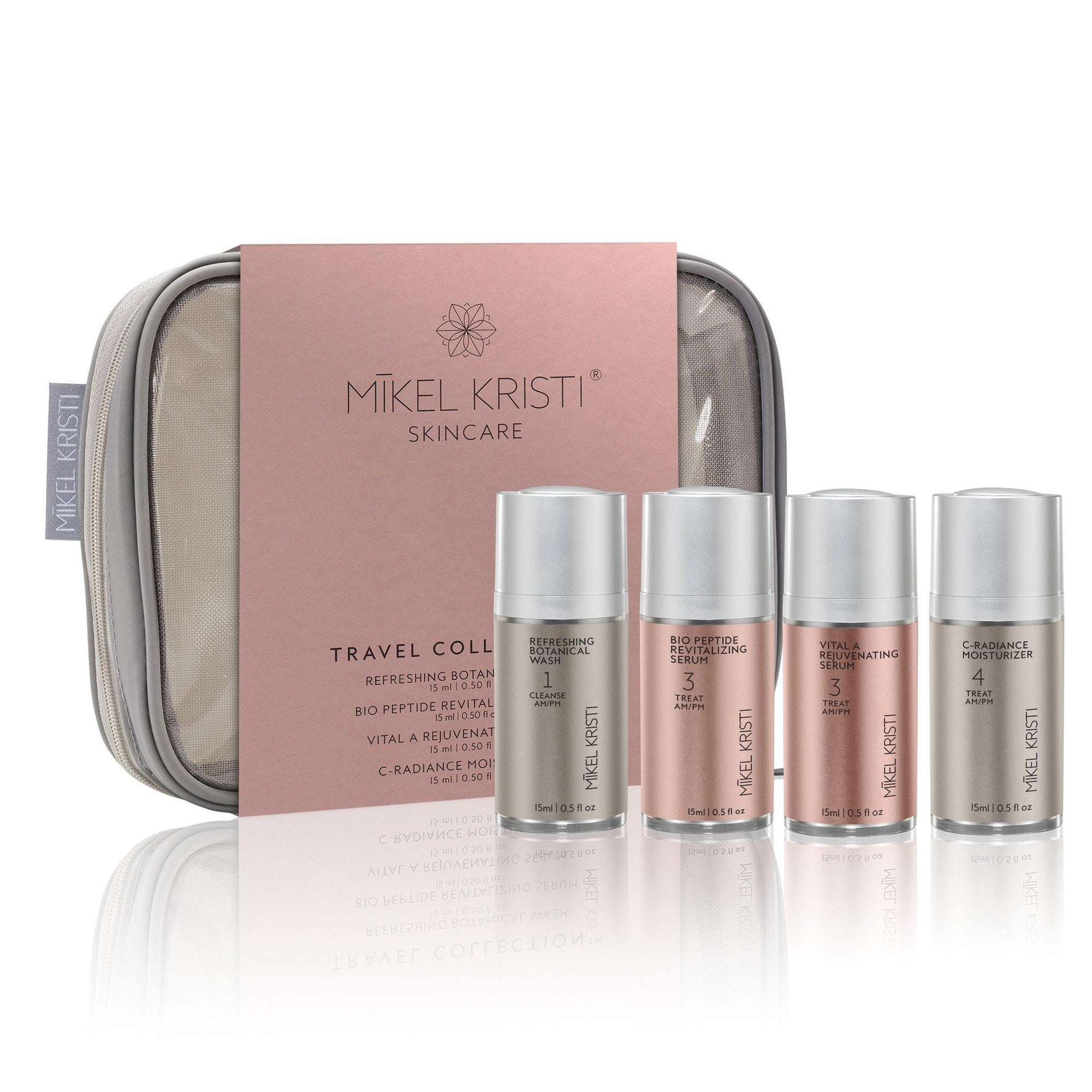 Travel Collection by Mikel Kristi in gray, TSA ready travel toiletry bag, facial wash, 2 serums, and moisturizer