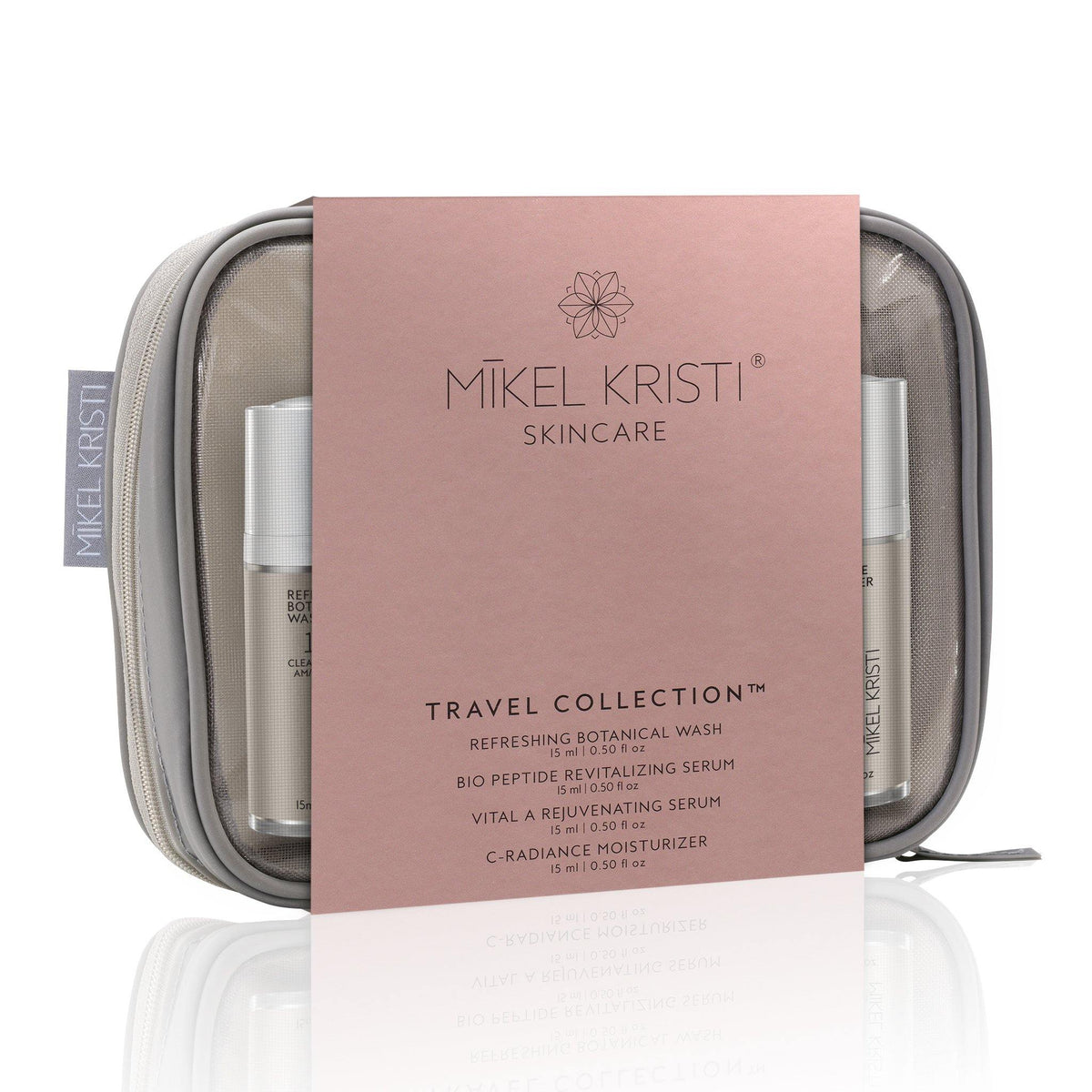 Mikel Kristi Travel Collection skincare regimen. Contains the Core 4 products that come in airless pump 15ml bottles. TSA ready travel bag included.